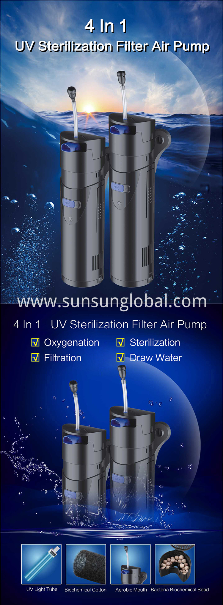 Sunsun Mini Aquarium 12v Electric Dc Marine Motor Uv Light Water Filter Pump